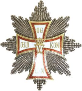 Royal Danish Order of the Dannebrog ( unofficial model)
circa 1850
Renamed Cross of Honour of the Order of the Dannebrog 
Instituted: 12 October 1671 by King Christian V.
Motto: 	God and the King (Gud og Kongen)
