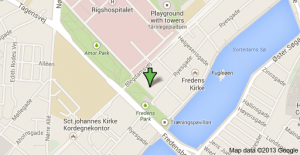 Map showing Blegdamsvej  58
(Green arrow)
and Skt Johannes Kirke (Blegdamsvej 1A 