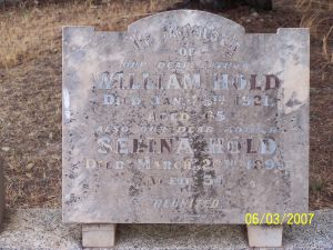 William and Selina Hold (nee Bolton)
Inscription
In Memory
Of Our Dear Father
WILLIAM HOLD,
Died Jan. 28th. 1921
Aged 65,
Also Our Dear Mother
SELINA HOLD
Died March 26th. 1899
Aged 34
REUNITED 
