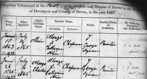 Baptism, - Alonzo Charles & Alice Chapman, 14th July 1865, St Stephen, Plymouth, Devon
