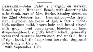 John Fahy  - Charged with deserting his wife 1887